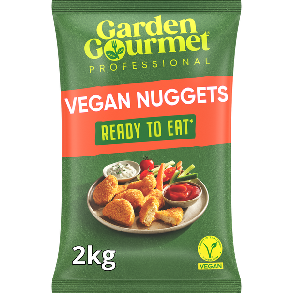 A 2kg bag of Garden Gourmet professional vegan nuggets, labeled "Ready to Eat," with a serving of nuggets and dipping sauces