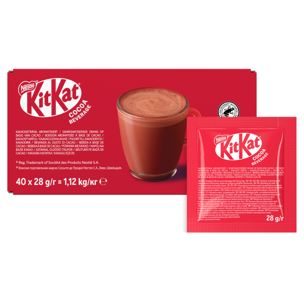 KitKat cocoa beverage packaging, featuring a vibrant red design and a cocoa powder sachet.