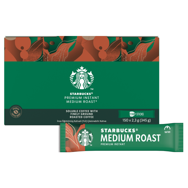 Starbucks Premium Instant Medium Roast coffee pack with 150 individual sticks, featuring a vibrant green design and logo.