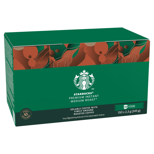 Green box of Starbucks Premium Instant Medium Roast coffee with 150 individual sticks, featuring a colorful, abstract design.