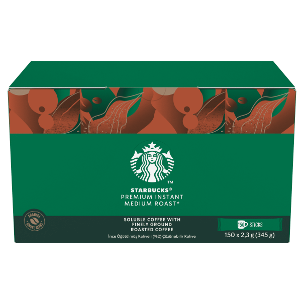 Green box of Starbucks Premium Instant Medium Roast coffee, featuring 150 sticks of soluble coffee with finely ground roasted