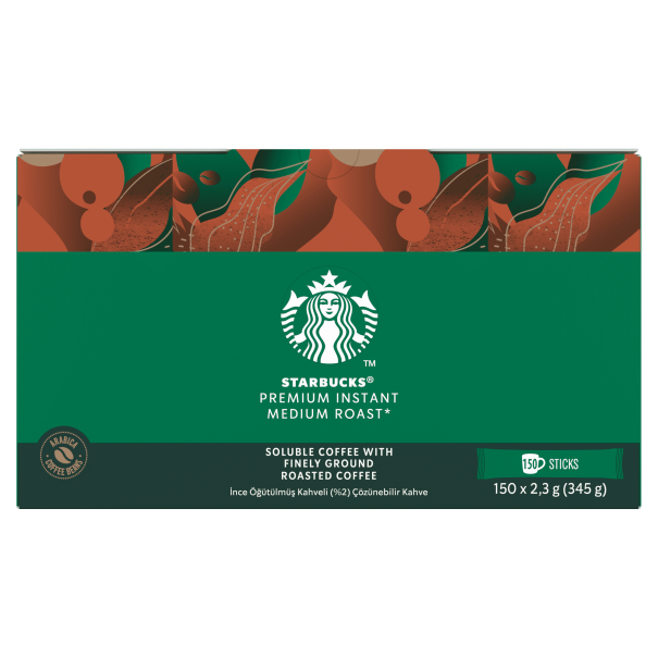 Starbucks Premium Instant Medium Roast coffee package, featuring vibrant design, contains 150 sticks of soluble coffee