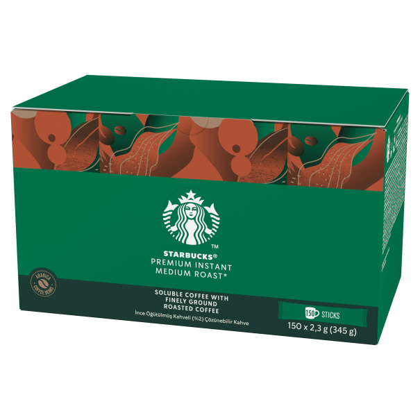 Starbucks Premium Instant Medium Roast coffee box, featuring 150 individual sticks of finely ground roasted coffee.