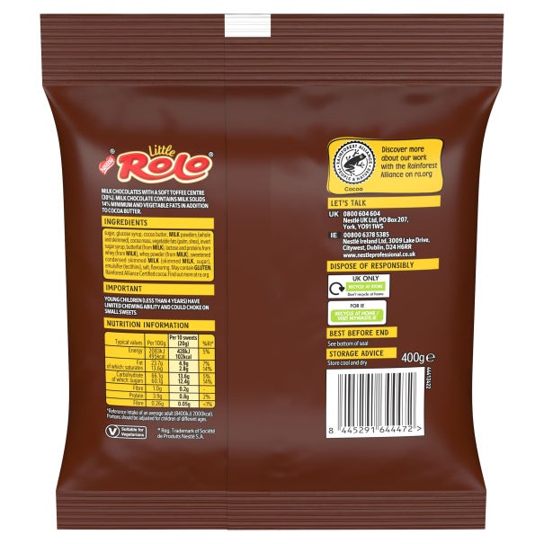 Back of a mini Rolo chocolate bag displaying ingredients, nutrition info, storage advice, recycling instructions