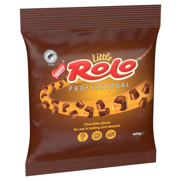 Nestlé Little Rolo Professional chocolate pieces for baking and desserts in a 400g brown package.