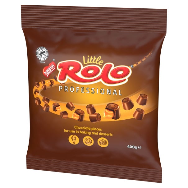 Nestle mini Rolo Professional chocolate pieces for baking and desserts in a 400g brown package with caramel-filled chocolat