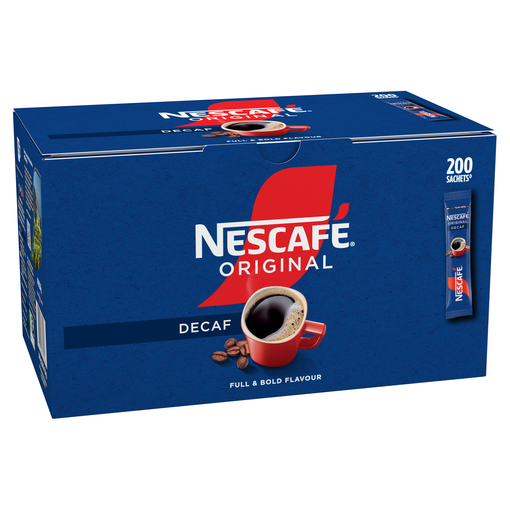 Blue box of Nescafé Original Decaf coffee featuring 200 sachets, labeled "Full & Bold Flavour" with a cup and coffee beans