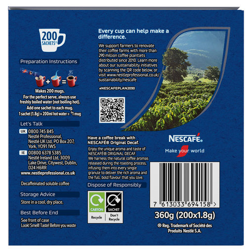 Back of a NESCAFÉ box featuring instructions, QR code, and sustainability message. Contains 200 sachets, total weight 360g