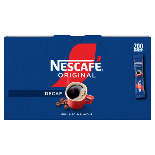 Nescafé Original Decaf coffee box, featuring 200 sachets, with a bold flavor and a coffee cup illustration.