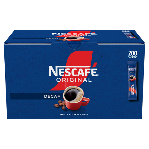 Blue box of Nescafé Original Decaf coffee, featuring 200 sachets. Text highlights "Full & Bold Flavour" and includes an image