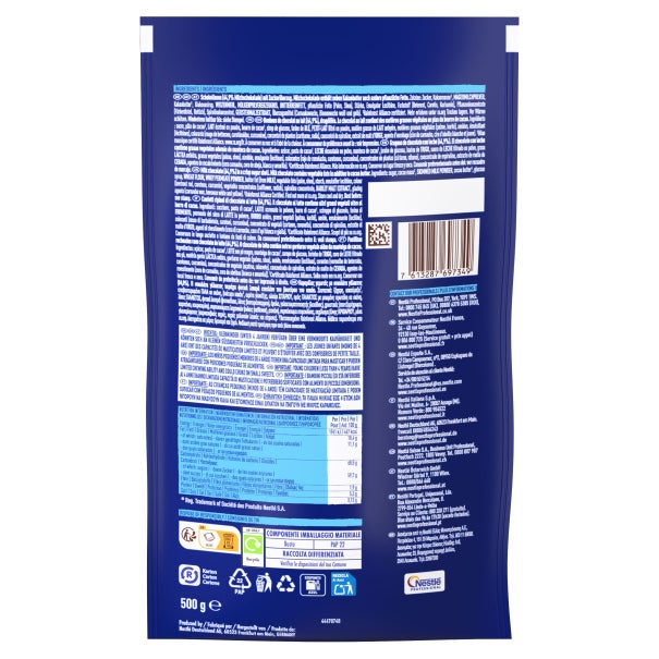 Nestlé Smarties Mini Professional chocolate candy in a blue bag displaying ingredients, nutrition info, storage advice