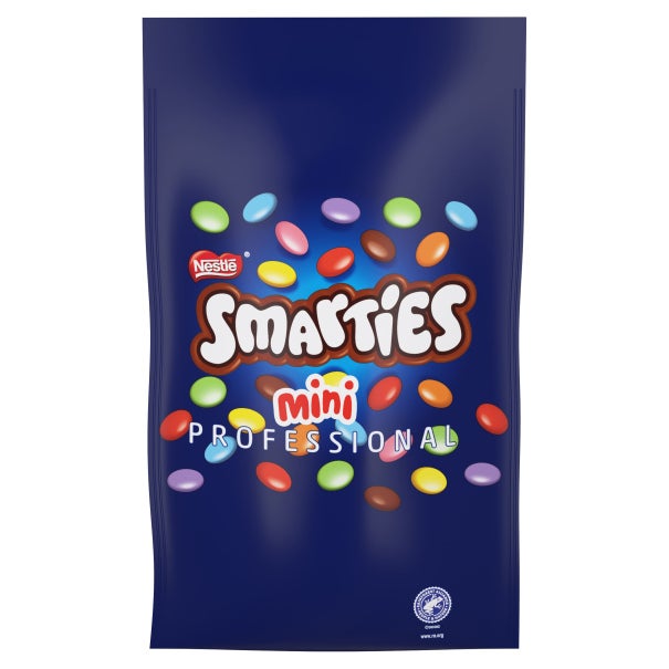 Nestlé Smarties Mini Professional chocolate candy in a blue bag with colorful candy pieces scattered on the front.