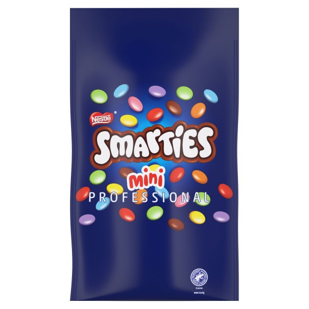 Nestlé Smarties Mini Professional chocolate candy in a blue bag with colorful candy pieces scattered on the front.