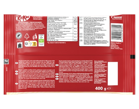 Back of a 400g KitKat chocolate bar pack showing nutritional info, ingredients, recycling symbols, and Nestlé Professional