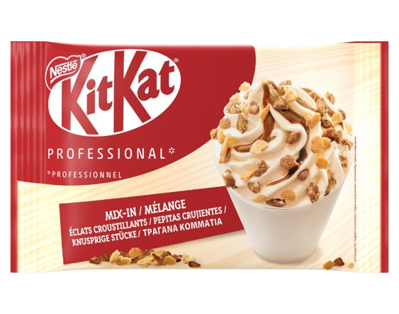 Nestlé KitKat Professional Mix-In package featuring a swirl of soft serve ice cream topped with crunchy KitKat pieces.