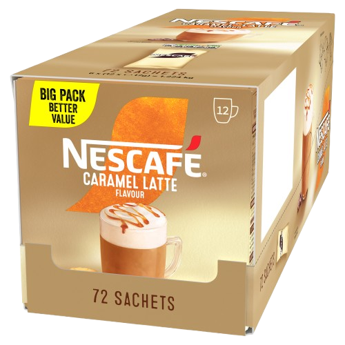 NESCAFÉ Caramel Latte Flavour 72-sachet coffee box angled product view