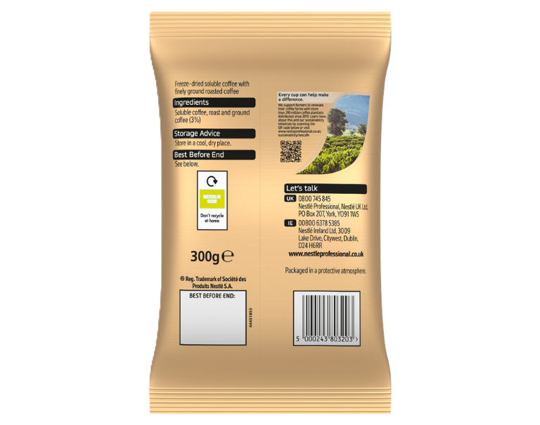 Back of tan food packet with text, QR code, barcode, and a 300 g label.