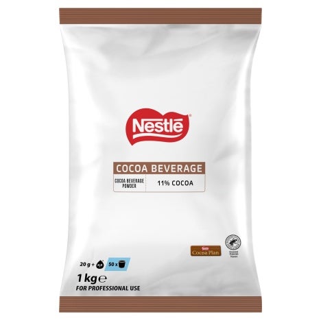 Nestlé hot chocolate powder pack - front view. White background with two brown bands at extremities, red logo in the centre