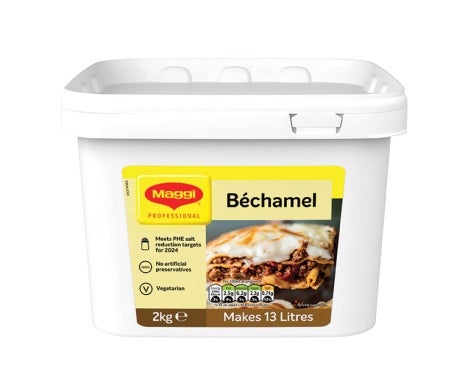 Front view of Maggi Bechamel Sauce 2kg, highlighting its creamy texture and packaging design for culinary use.