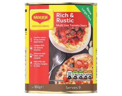Front view of Maggi Rich Rustic Tomato Sauce 950g, showcasing its vibrant packaging and rich, flavorful contents.