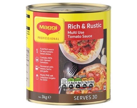 Front view of Maggi Rich Rustic Tomato Sauce 3kg, featuring its vibrant packaging and rich, flavorful tomato contents.