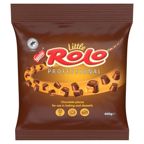 Nestle Little Rolo Professional 400g bag of chocolate pieces for baking and desserts with caramel filling.