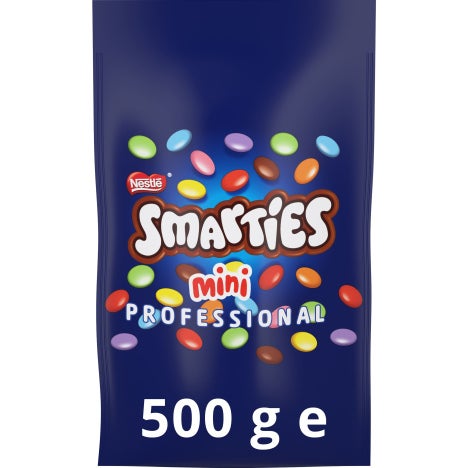 Nestlé Smarties Mini Professional colorful candy-coated chocolates in a 500g blue bag.