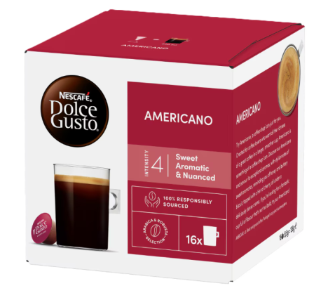 Box of Nescafé Dolce Gusto Americano coffee pods, intensity 4, sweet and aromatic, 16 capsules, 100% responsibly sourced.