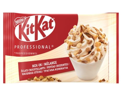 Nestlé KitKat Professional Mix-In package featuring a swirl of soft serve ice cream topped with crunchy KitKat pieces.