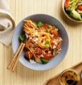 Vegan pasta arrabbiata in a bowl at a restaurant