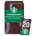 Starbucks Premium Instant Hot Cocoa box with 20 servings, featuring the iconic green logo and brown packaging design