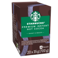 A box of Starbucks Premium Instant Hot Cocoa, featuring 20 sachets, displaying a velvety and smooth texture