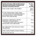 Nutritional information table detailing energy, fat, carbohydrates, fiber, protein, and salt content per 100g