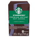 Starbucks Premium Instant Hot Cocoa box with 20 sachets, featuring a velvety and smooth design in rich brown and green colors