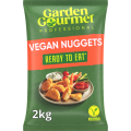 A 2kg bag of Garden Gourmet professional vegan nuggets, labeled "Ready to Eat," with a serving of nuggets and dipping sauces