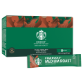 Packaging of Starbucks Premium Instant Medium Roast coffee, featuring a green box with artistic designs and a stick of coffee