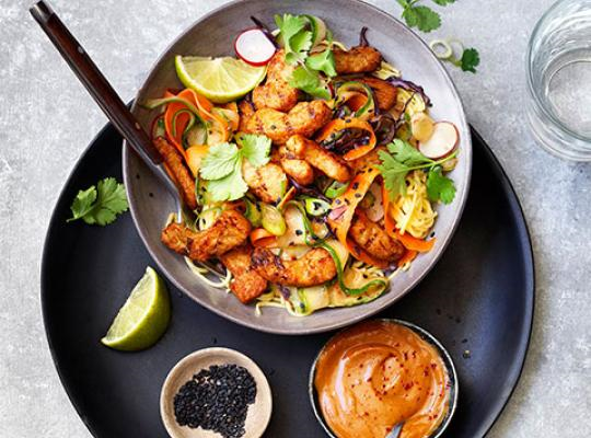 Vegetarian Satay noodles served on a plate