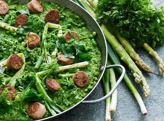 Garden Gourmet Vegan Sensational Cumberland Sausage used in a Green Risotto Recipe