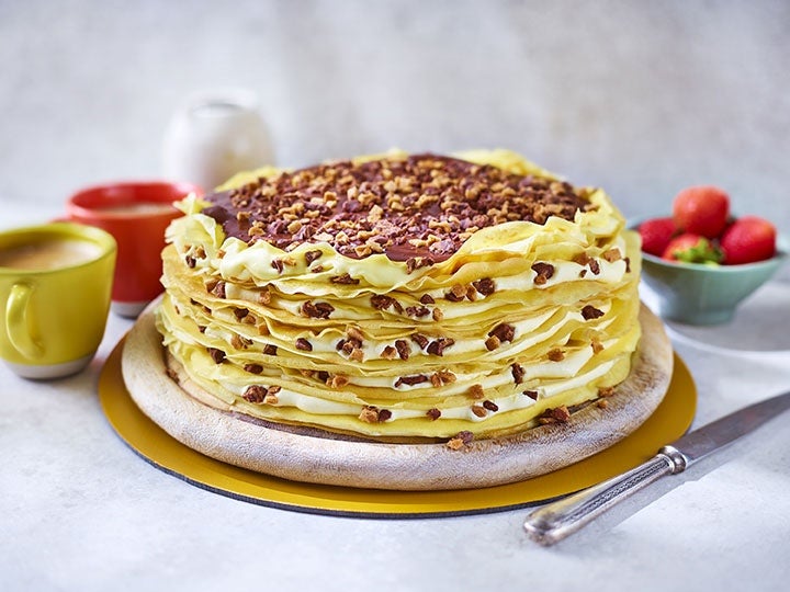 Chocolate Crepe Cake with KITKAT Sauce and wafer and chocolate chips on top