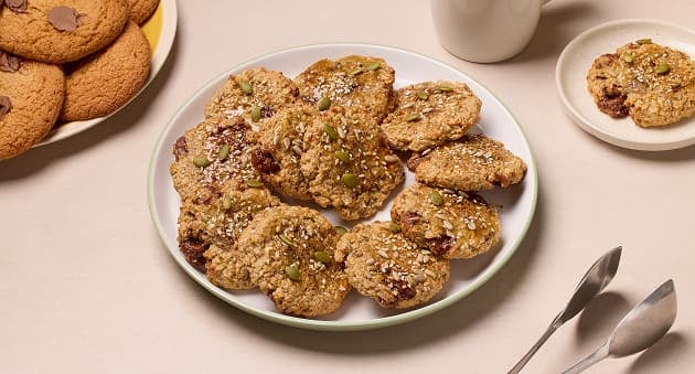 Oat cookies with seeds and chocolate pieces.