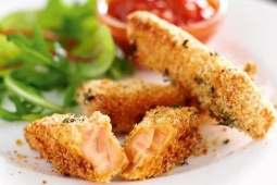Salmon fish finger rolls with homemade salsa and salad