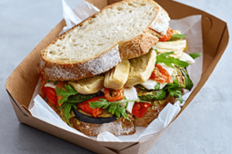 Vegetarian mediterranean sandwich with garden gourmet fillet pieces grilled vegetables mozzarella