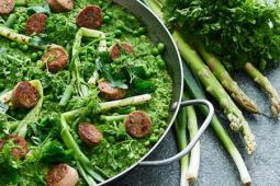 Garden Gourmet Vegan Sensational Cumberland Sausage used in a Green Risotto Recipe