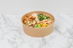 veggie poke bowl with chicken style fillet pieces
