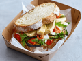 Vegetarian mediterranean sandwich with garden gourmet fillet pieces grilled vegetables mozzarella