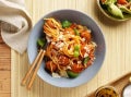 Vegan pasta arrabbiata in a bowl at a restaurant