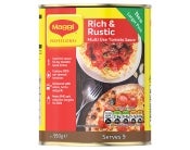 Front view of Maggi Rich Rustic Tomato Sauce 950g, showcasing its vibrant packaging and rich, flavorful contents.