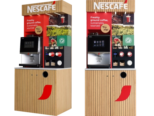 NESCAFE bean to cup commercial coffee machine unit, with lightbox header and furniture, including cups and accessories dispenser