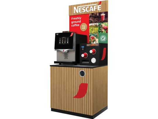 NESCAFE bean to cup commercial coffee machine unit, with branded header and furniture, including cups and accessories dispenser