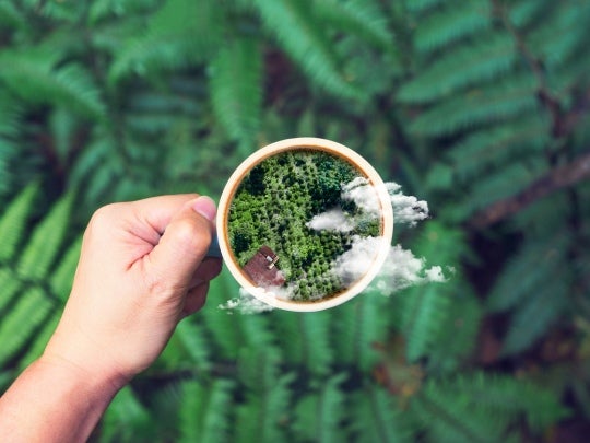 hand keeping a cup of coffee with earth image reflected in it